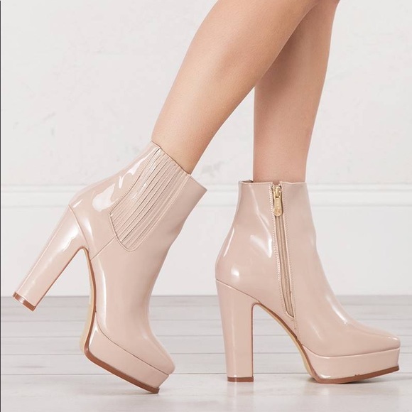 Shoes - Nude patent platform bootie